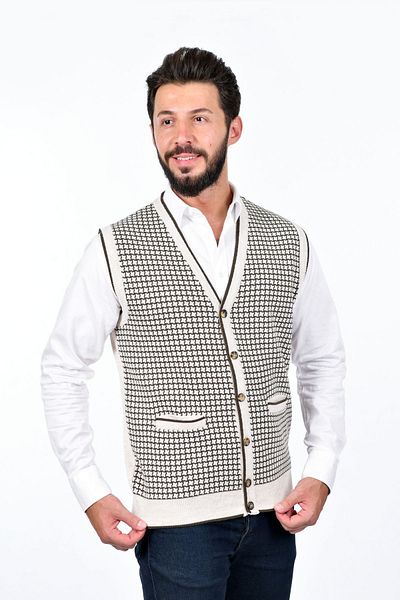 Kamalı Men's Steel Knit Buttoned Pocket Houndstooth Pattern Non-Pilling Knitwear Winter Sweater Vest