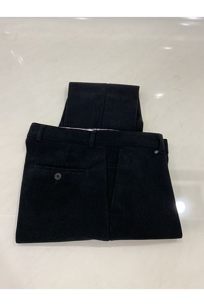 BURSPA Casual Cut Winter Black Men's Dad Velvet Pants with Fleece Inside
