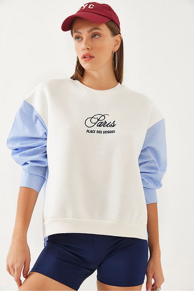 Bianco Lucci Vyšívaná dámská mikina Crew Neck – zdobený rukáv a 3vláknový rastr 60351001