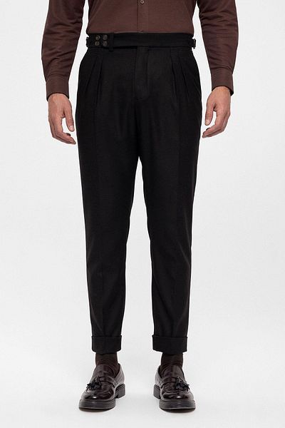 Antioch Black Wool Look High Waist Pleated Men's Trousers