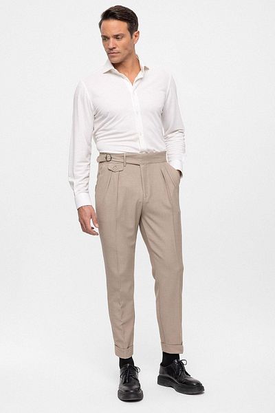 Antioch Beige High Waist (BOYFRİEND) Pleated Fabric Trousers with Buckle Belt