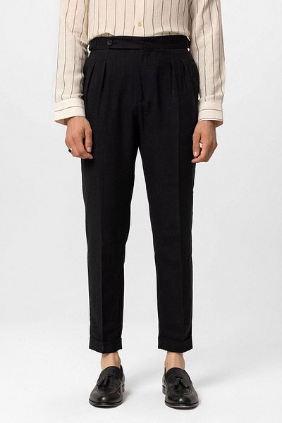 Antioch High Waist Linen Blended Black Men's Double Leg Trousers