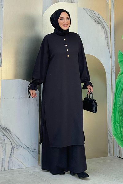 Bym Fashion Black Knitted Tunic and Trousers Set - Button Detailed 6020