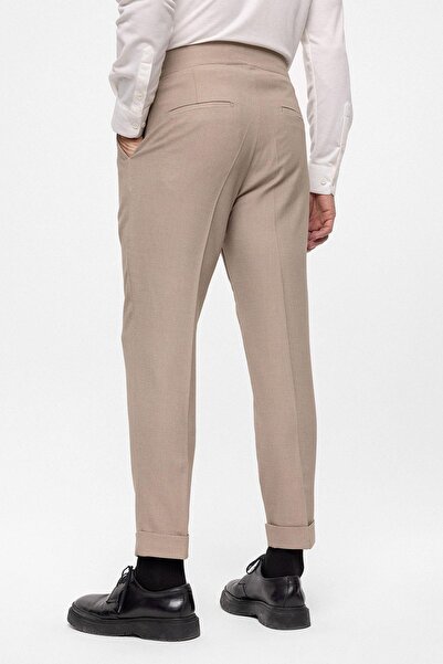 Antioch Beige High Waist (Boyfriend) Pleated Fabric Trousers with Buckle Belt