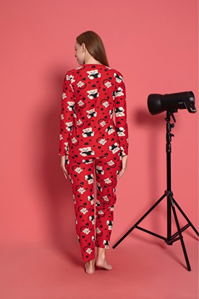 CALİA Women's Crew Neck Printed Suede Soft Fabric Long Sleeve Pajamas Set