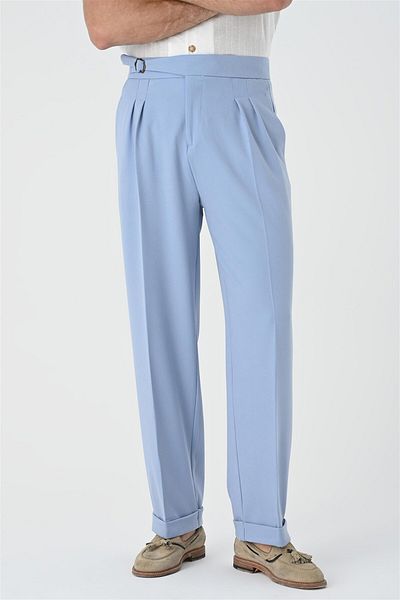 Antioch Light Blue Buckle Detailed Pleated High Waist Men's Trousers