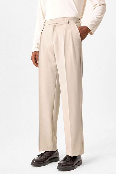 Antioch Beige High Waist Pleated Relaxed Fit Baggy Men's Trousers