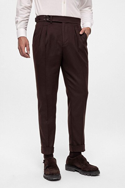 Antioch Brown Wool Look High Waist Pleated Men's Trousers