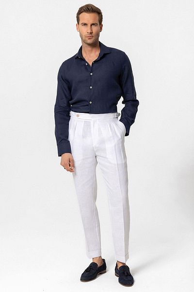 Antioch White High Waist 100% Linen Pleated Men's Trousers