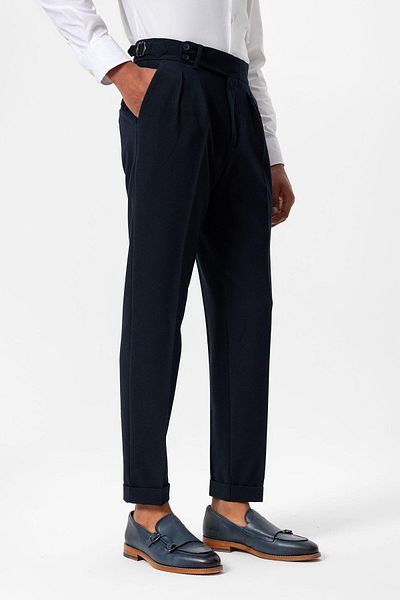 Antioch Navy Blue High Waist Pleated Textured Men's Trousers