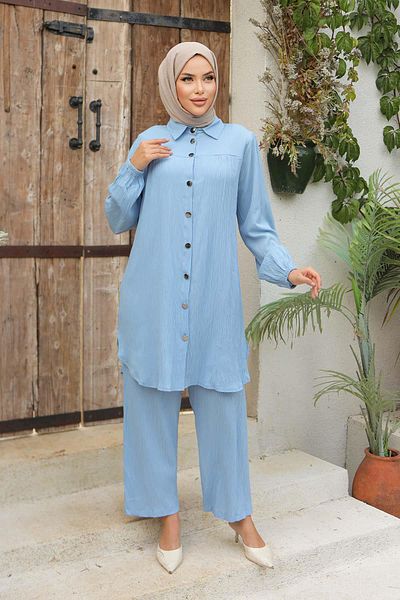 MİSSKAYLE Σετ Hijab Baby Blue με λεπτομέρεια με κορδόνια