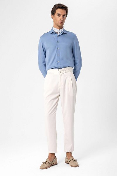 Antioch Ecru High Waist Buckle Belt Pleated Fabric Trousers