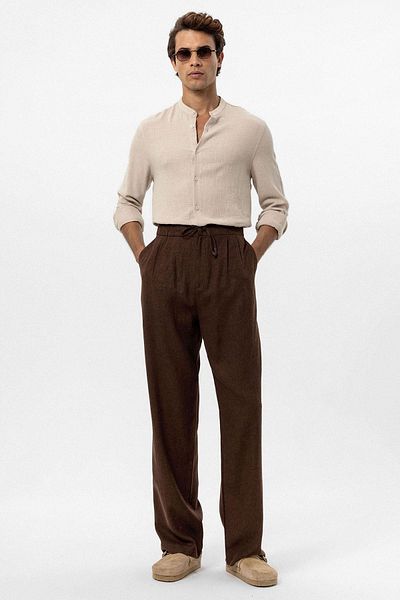 Antioch Brown Waist Tied Linen Blended Baggy Men's Trousers