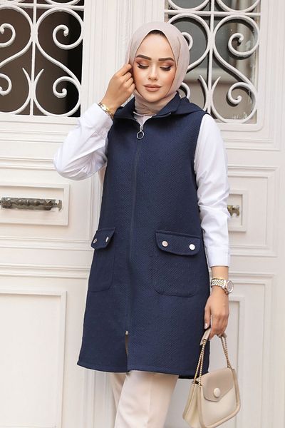 Neva Style Hooded Navy Blue Hijab Vest 80264L