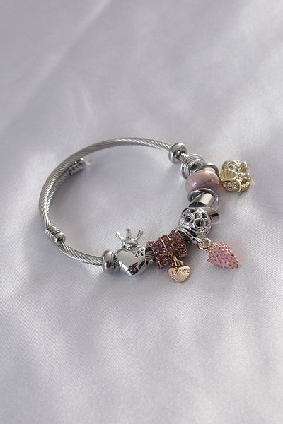 BESKAR Steel Charm Model Pink Strawberry Figure Heart Detail Zircon Stone Women's Bracelet