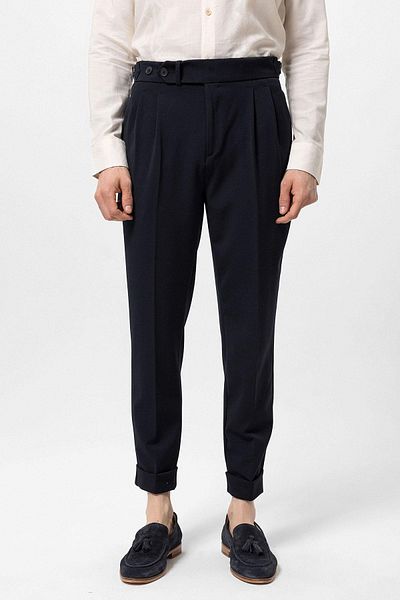 Antioch Navy Blue High Waist Pleated Carrot Fit Men's Trousers