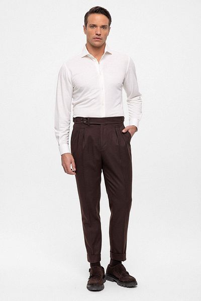 Antioch Brown Wool Look High Waist Pleated Men's Trousers