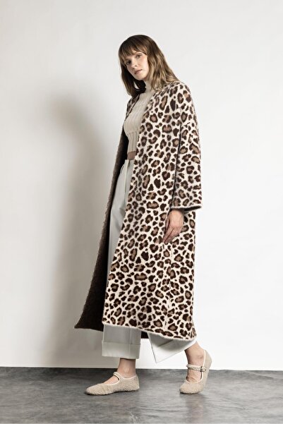 TENA Women's Stone Leopard Patterned Long Cardigan
