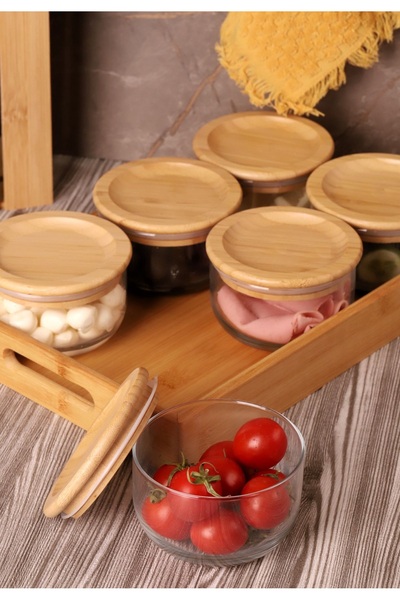 Atbyhome Duo 300ml 6'lı Tepsili Bambu Kapaklı Cam Kahvaltılık