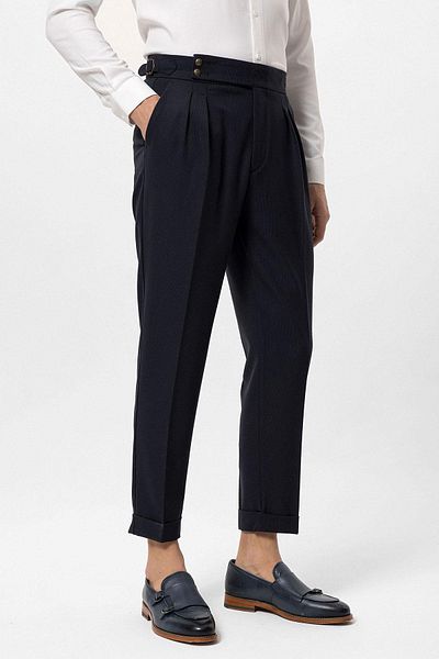 Antioch Navy Blue High Waist Side Buckle Pleated Fabric Trousers