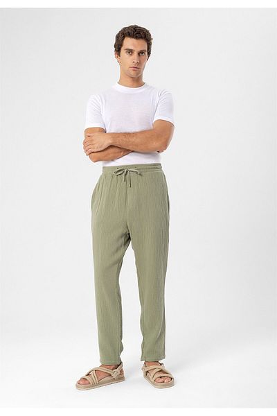 Antioch Light Khaki Stringed Waist High Waist Muslin Fabric Men's Trousers