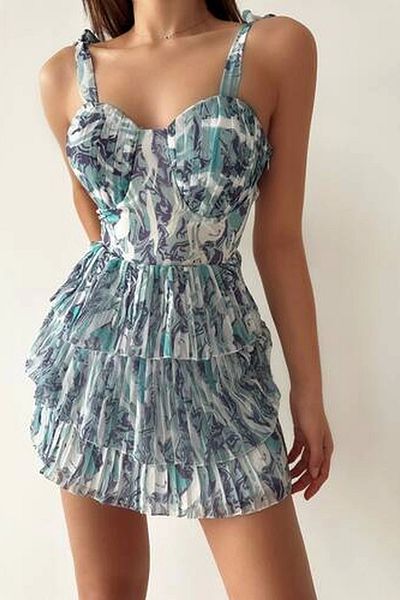 Bak Moda Rochie mini albastră cu bretele cu volane