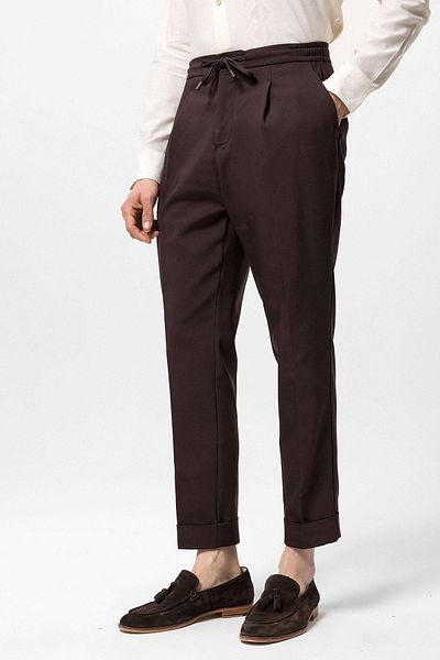 Antioch Brown Elastic Waist Pleated Men's Trousers
