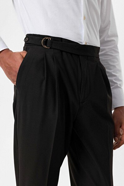 Antioch Dark Brown Men's Trousers with High Waist and Buckle Closure Detail