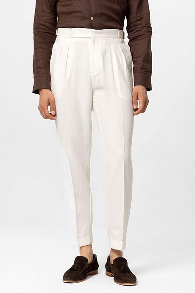 Antioch High Waist White Linen Men's Trousers - Double Leg