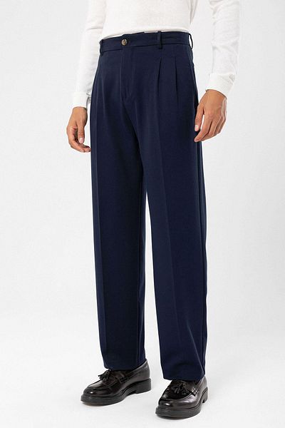 Antioch Dark Navy Blue High Waist Pleated Comfortable Fit Men's Trousers