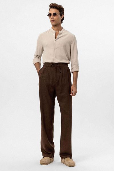 Antioch Brown Waist Tied Linen Blended Baggy Men's Trousers
