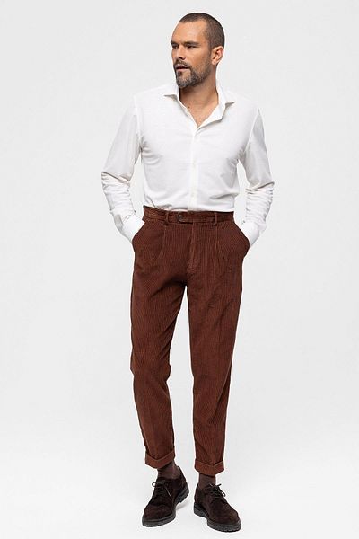 Antioch Brown High Waist Pleated Velvet Men's Trousers