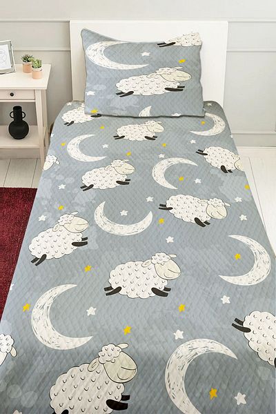 3D ELSE HALI Boy's Gray White Lamb Patterned Single Pique Bed Set - Quilted