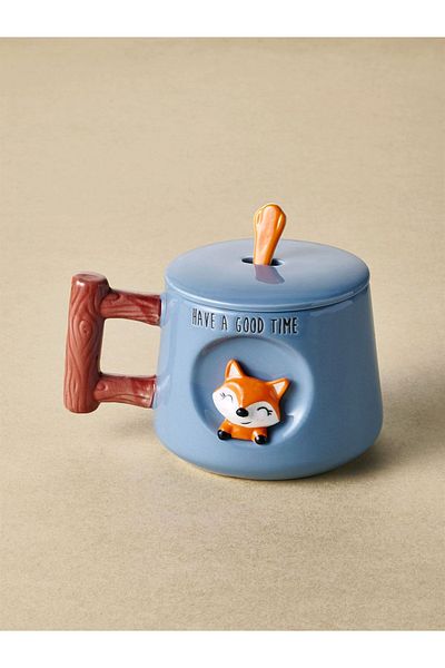 GUNES ZUCCACIYE Animal Pattern Ceramic Mug with Lid and Spoon 370 ml