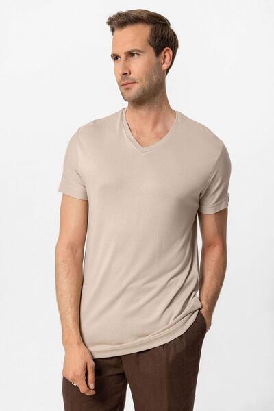 Antioch Light Beige Basic V-Neck Men's T-Shirt