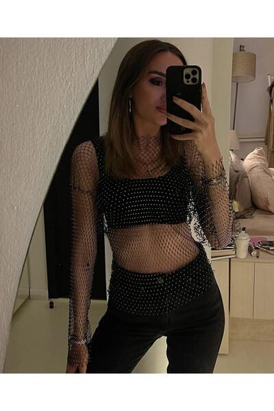 KARAASLAN Kadın Kısa Kollu Taşlı File Crop Bluz