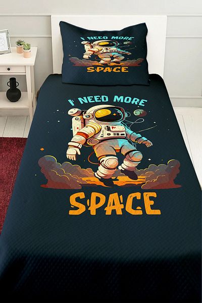 3D ELSE HALI Boy's Blue Astronaut Patterned Single Pique Bed Set - Quilted