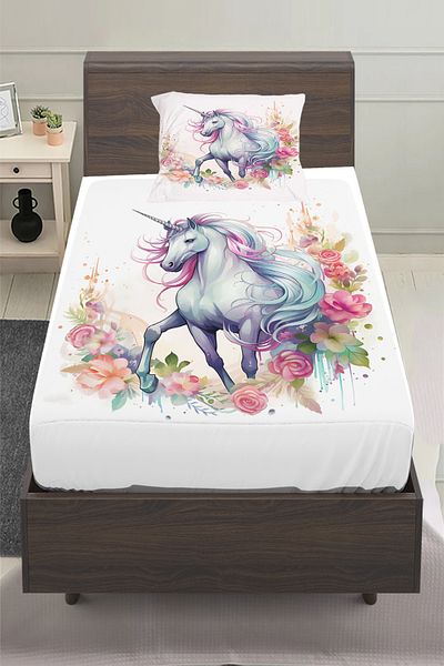 3D ELSE HALI Colorful Floral Unicorn Horse Patterned Girl's Single Padded Fitted Sheet Set 100X200Cm