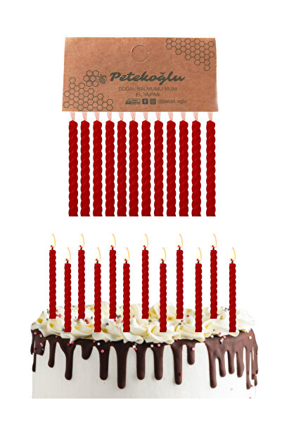Petekoğlu (12 Adet Kırmızı) Balmumu Mum Doğal Petek Pasta Parti Mumu Kutlama Nişan Kına Gecesi Beeswax Candle