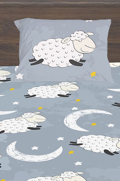 3D ELSE HALI Gray White Lamb Patterned Boy's Single Pillowed Elastic Sheet Set 100X200Cm
