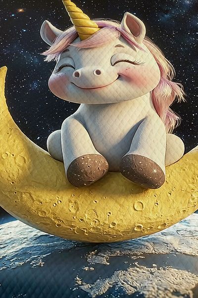 3D ELSE HALI Girl's Single Pique Set Quilted Bedspread with Unicorn Pattern Sitting on the Moon