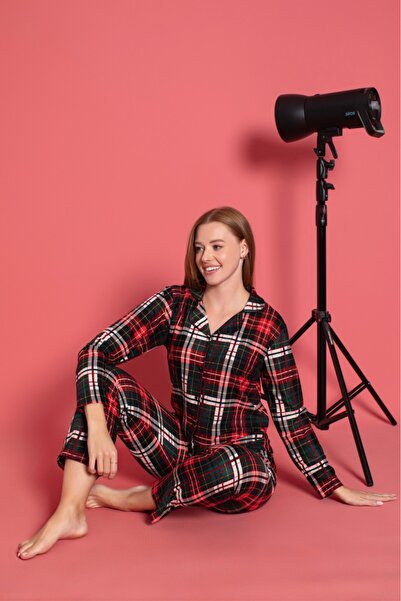 CALİA Women's Buttoned Front Luxury Suede Fabric Long Sleeve Pajamas Set New Season