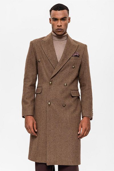 Antioch Brown Herringbone Patterned Double Breasted Men's Coat