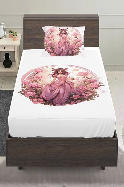 3D ELSE HALI Pink Princess Haunted Patterned Girl's Single Pillowed Elastic Sheet Set 100X200Cm
