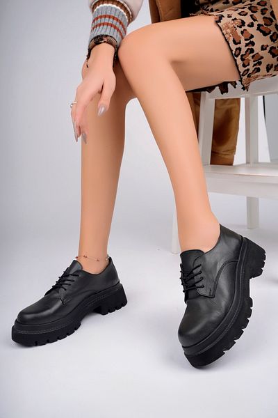 Deripabuc Genuine Leather Black Women's Daily Thick Sole Leather Loafer Shoes Trc-10937