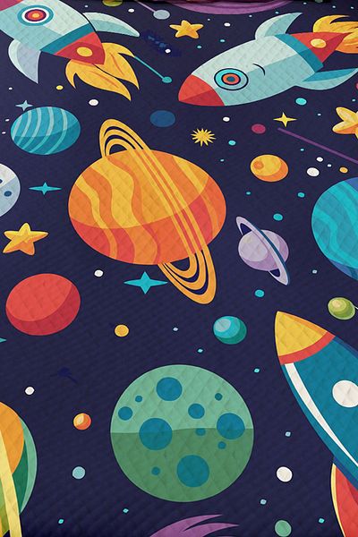 3D ELSE HALI Boy's Space Planets Patterned Single Pique Bedspread - Quilted