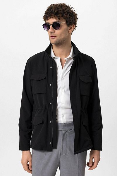 Antioch Black Stand Collar Safari Men's Coat