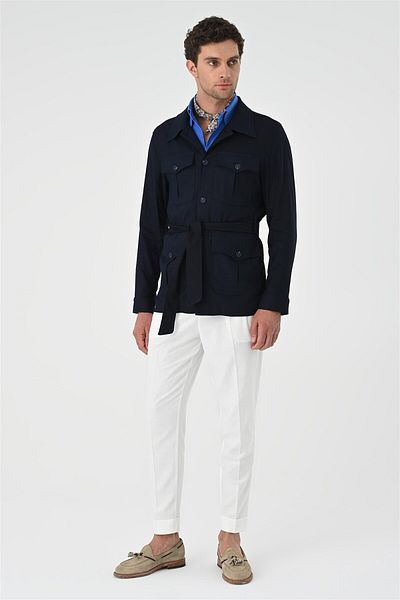 Antioch Dark Navy Blue Belted Waist Men's Seasonal Linen Coat