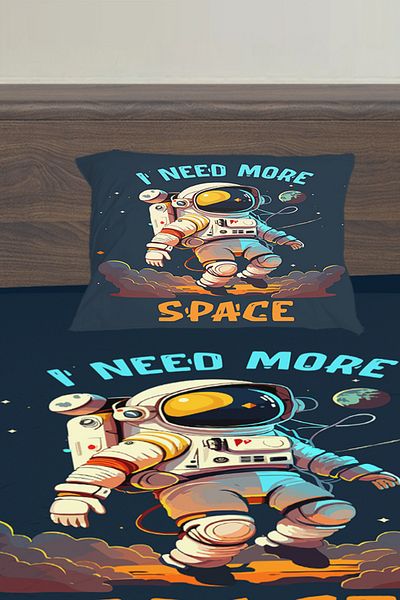 3D ELSE HALI Blue Astronaut Patterned Boy's Single Pillowed Elastic Sheet Set 100X200Cm