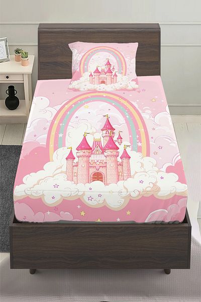 3D ELSE HALI Pink Patterned Girl's Single Pillowed Elastic Sheet Set with Shats 100X200Cm
